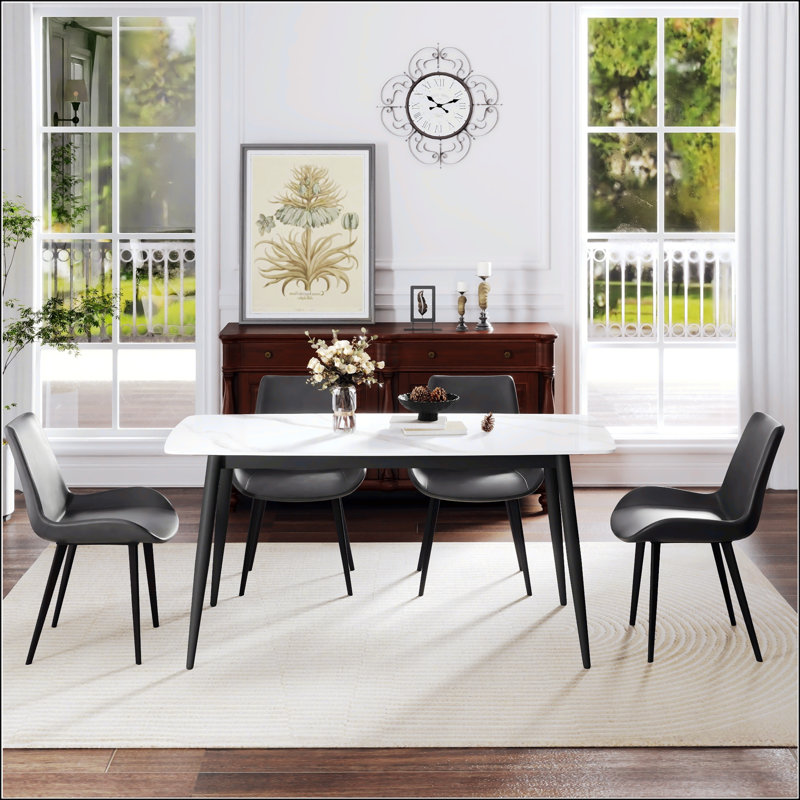 62.99" Modern Artificial Stone Curved Edge Metal Leg Dining Table, White/Black