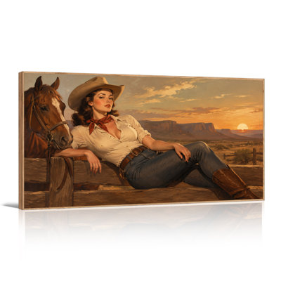 Cowgirl Leaning on Fence with Horse at Sunset Canvas Wall Art