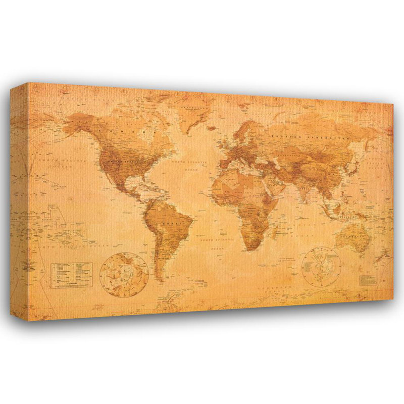 Carte du monde (style antique, projection de meunier), H 12 po x l 18 po