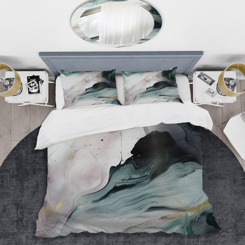 Ensemble de housse de couette en microfibre / polyester vert et blanc Contemplative Abstraction II Bedding