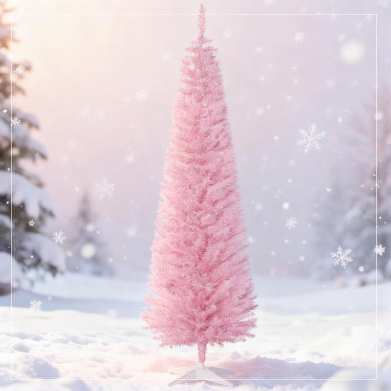 Arbre de Noël festif au crayon rose, H 5,9 pi, Rose/Blanc