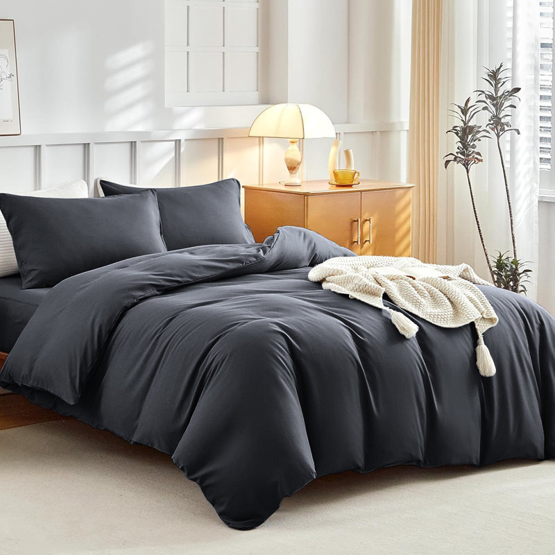 Super Soft Microfibre Reversible Plain Duvet Cover Set, Super King Duvet Cover Set + 2 Pillowcases, Charcoal
