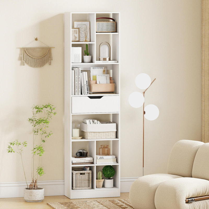 1 bibliothèque 71 po avec tiroir PCS, 10 cubes ouverts, trousses anti-basculement pour bureau, bureau blanc, 1