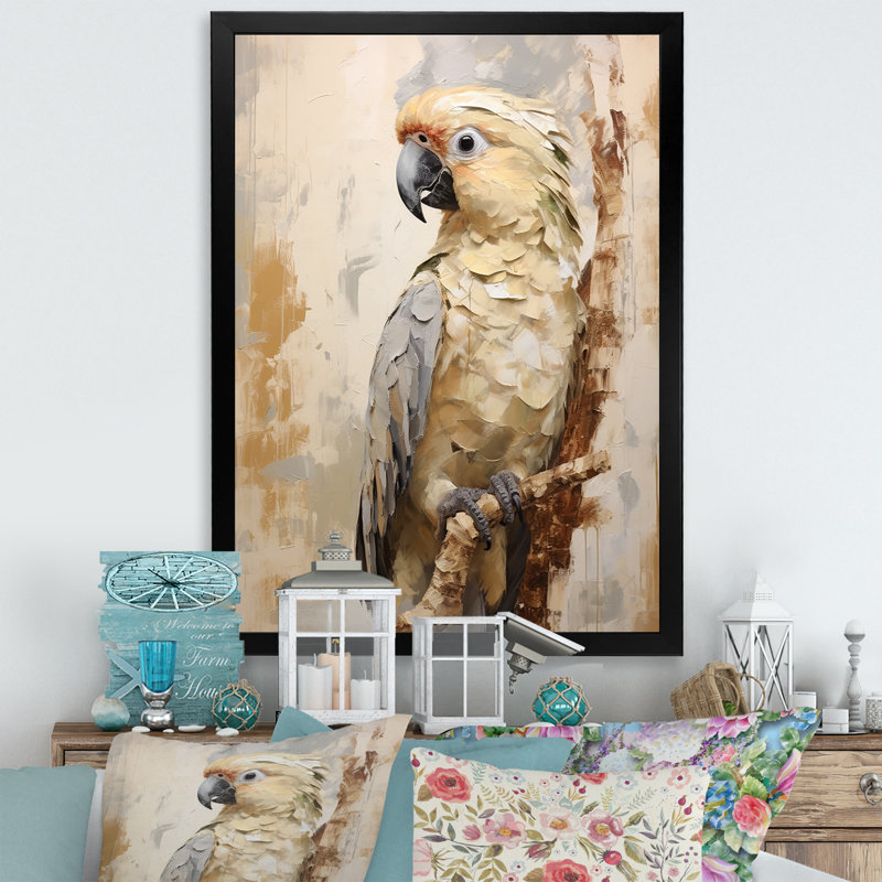 Perroquet beige à plumes élégantes I, H 32 po x l 24 po x P 1 po, Cadre simple noir