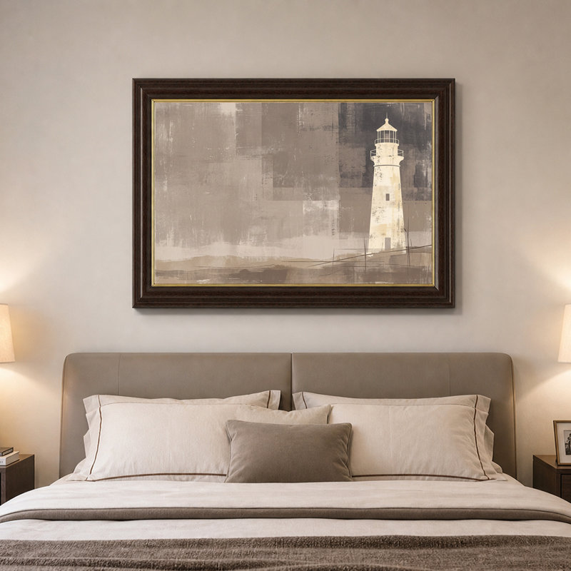 Art mural sur toile crème phare sur taupe texturé et blocs gris, 12"H x 18"W