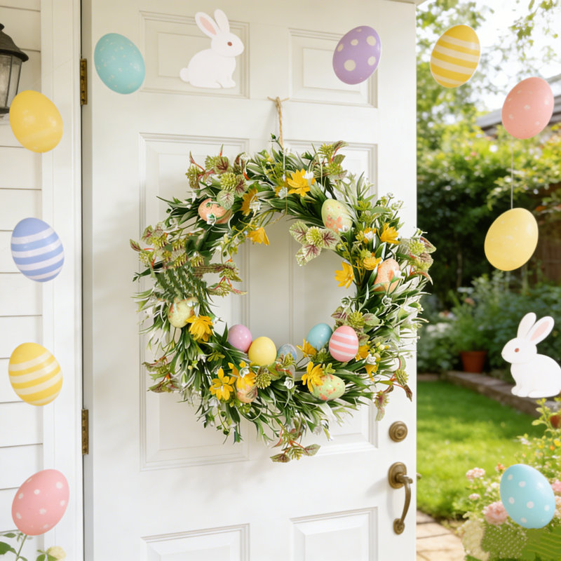 Couronne de Pâques 15,7 po avec guirlande de lumière chaude pour patio