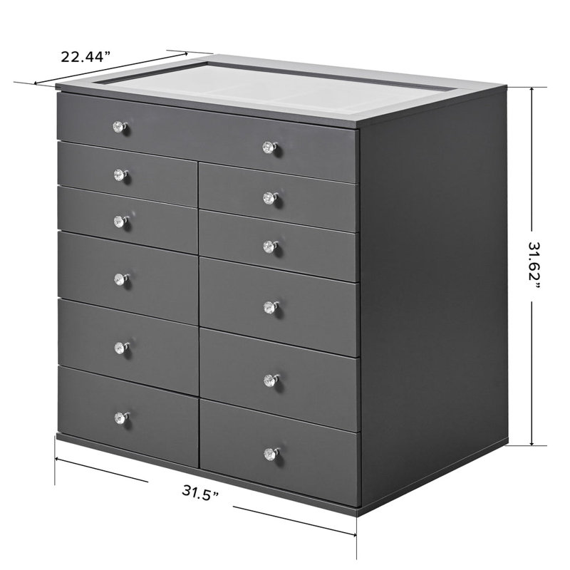 Storage Box with 11 Makeup Drawers, Crystal Lux Handles, Gris anthracite
