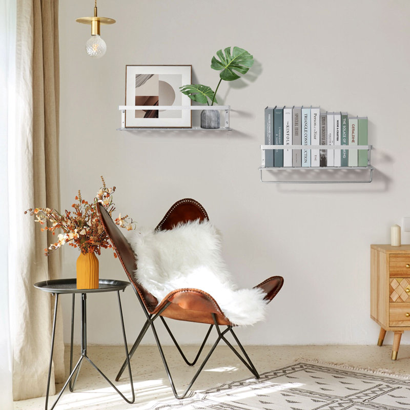 Silver Aluminum Floating Wall Shelves with Towel Bar, Set of 2