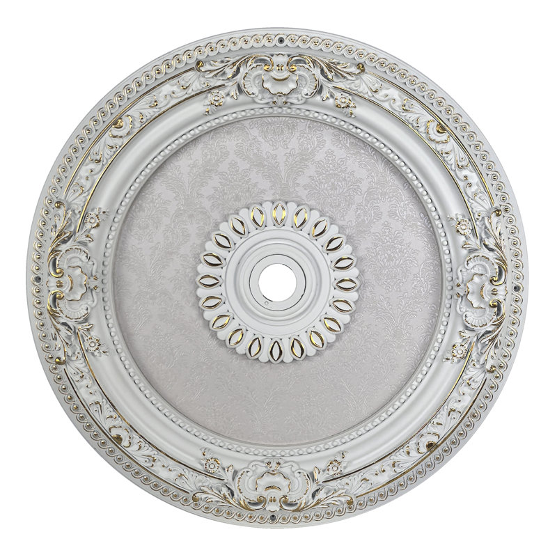 White and Gold Damask Round Ceiling Medallion 24 inch