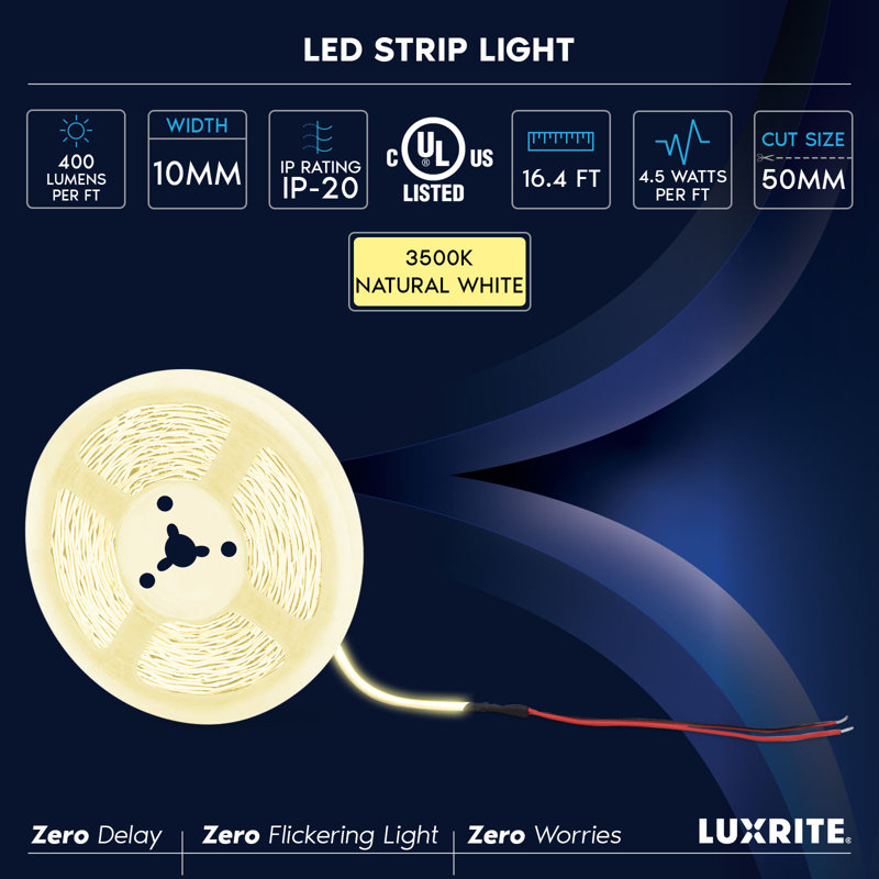Ruban lumineux à DEL Luxrite 16,4 pi, 8 mm, 270 lumens / pi, coupé à la longueur, 3 W / pi, IRC 90, ruban adhésif flexible 24 V, UL