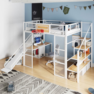 Full Size Metal Loft Bed With Built-In Desk, Open Wardrobe, Basketball Hoop, Slide And Staircase