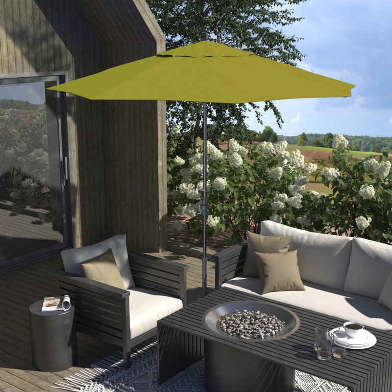 Parasol de patio gris 11 pi avec manivelle nervurée en aluminium en oléfine Kiwi, Oléfine kiwi