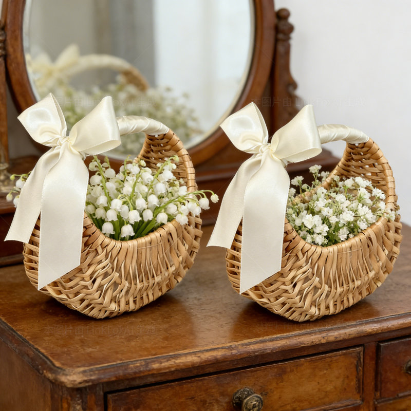 2 paniers décoratifs avec poignée et ruban à nœuds, panier à fleurs en osier rustique, panier décoratif pour mariage, Noël, nouvel an et fête