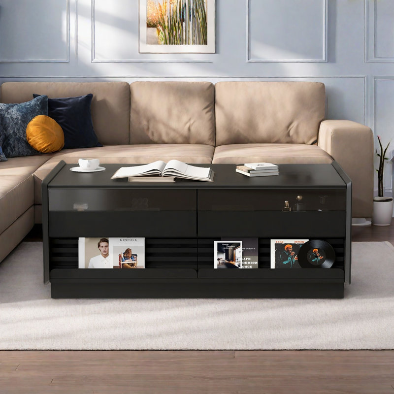 Table basse moderne moderne avec 4 tiroirs et 2 tablettes, Noir