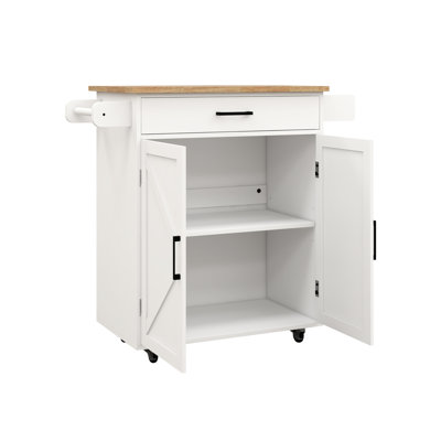 Rolling Kitchen Island With Tabletop, Towel Rack, Seasoning Rack - Customizable Storage Settings White Lockable Wheels, Adjustable Levels & Towel/Seasoning