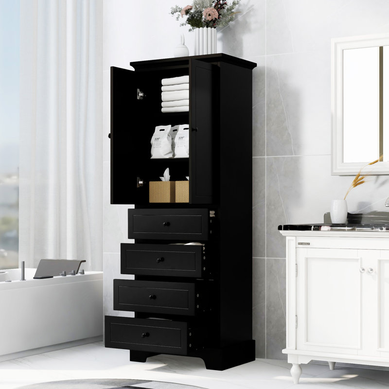Armoire de rangement avec 2 portes et 4 tiroirs pour salle de bain, bureau, tablette réglable, panneau de fibres à densité moyenne avec finition peinte, armoire de salle de bain