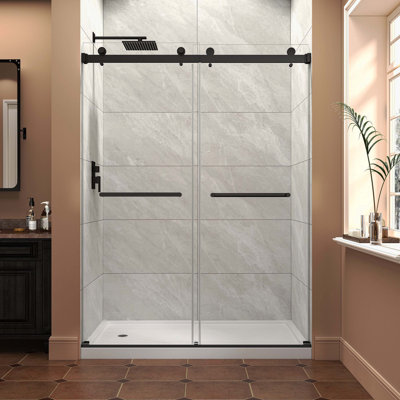 Matte Black Frameless Double Bypass Sliding Shower Door, 55"-60"W X 76"H, 5/16"(8Mm) Tempered Glass With Nano Explosion-Proof Film, Reversible & Easy To Install