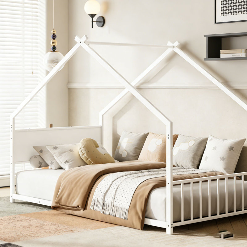 Twin Size House Bed with Roof and Colorful Lights, White