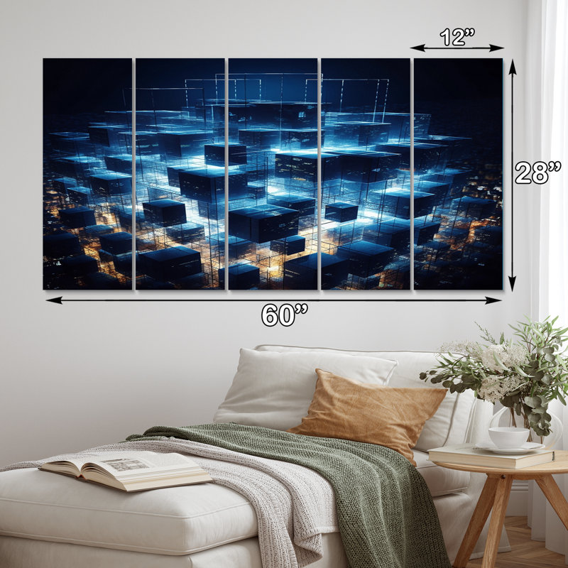 3D 3D Cityscape Futur Architecture Nova Blue - art mural toile architecture futuriste - 5 panneaux égaux