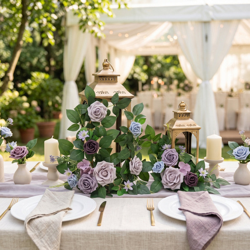 Guirlande de 2 fleurs artificielles de 60 cm (23,6 pouces) rose poudré, guirlande florale suspendue avec feuillage pour décoration murale ou arche de mariage