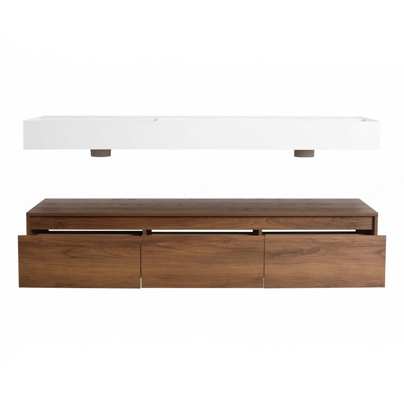 Meuble-lavabo mural 60 po avec lavabo double en résine, tiroir à fermeture en douceur et fixation à flotteur