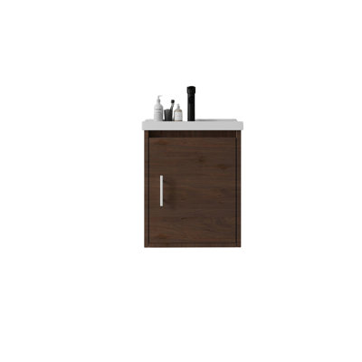 Meuble-lavabo flottant 16 po avec lavabo, porte en céramique, contreplaqué, brun 16 po