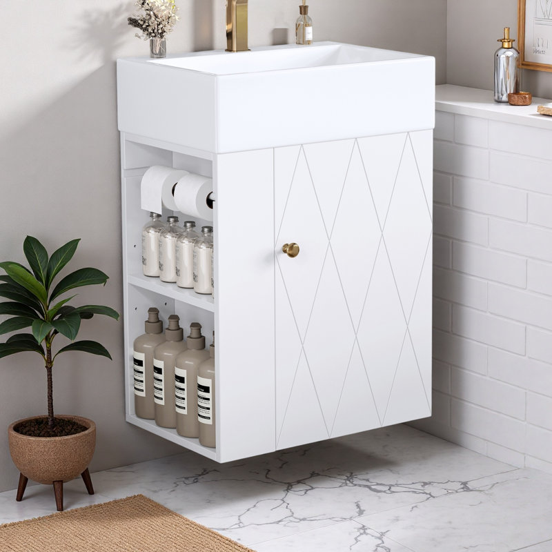 Meuble-lavabo de salle de bain avec lavabo en céramique, porte à motif de losanges, poignée dorée, tablettes de rangement latérales et barre à serviettes intégrée
