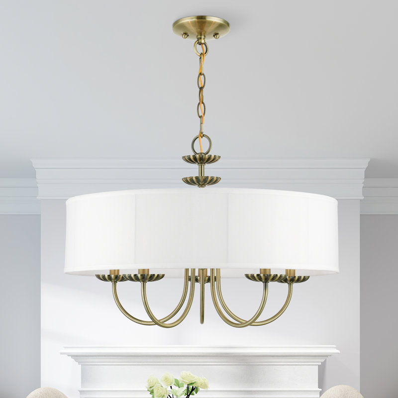 Sampson 23" W 5-Light Metal Drum Chandelier with Linen Blend Shade , Antique Brass