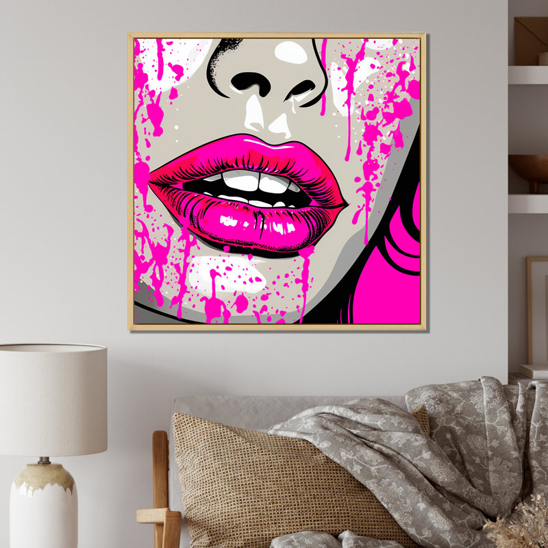 Popart sensuel, lèvres roses sur toile, H 24 po x l 24 po x P 1 po, Cadre naturel flottant