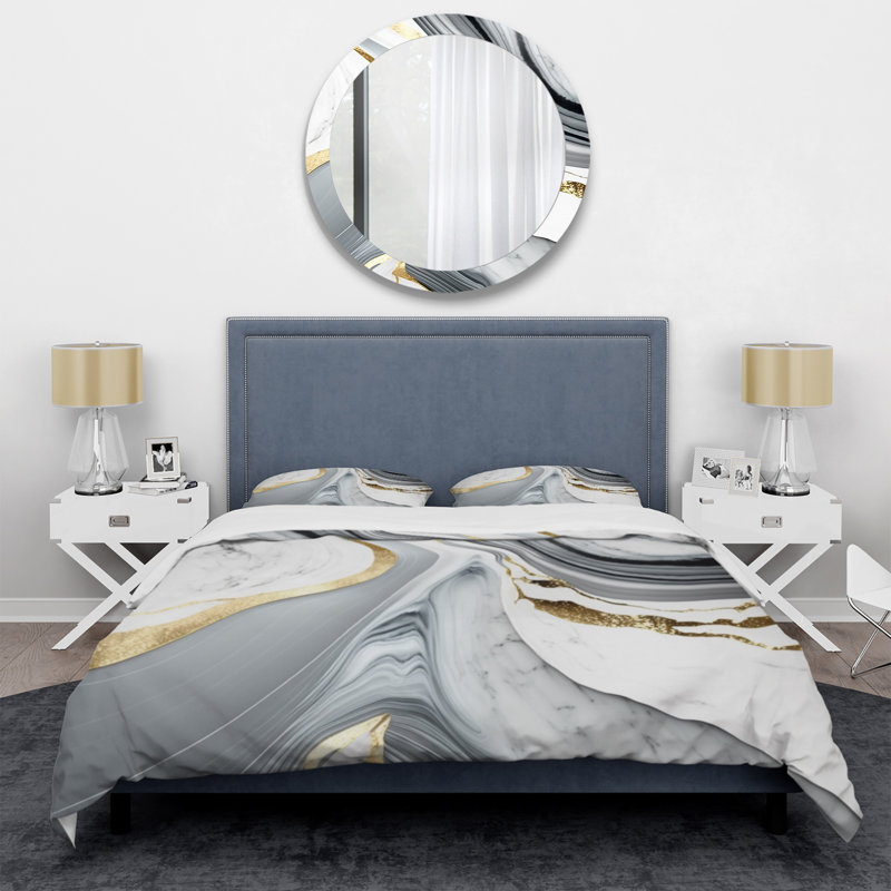 Abstract Geode Marble Waves Grey II - Abstract Duvet Cover Set, Queen Duvet Cover + 2 Standard Shams