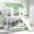 Twin Over Twin Size House Bunk Bed With Convertible Slide And Trundle, White+Green