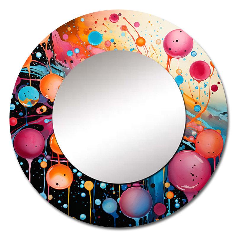 Neon Assemblage II - miroir décoratif abstrait, grand miroir mural rose, impression sur métal, 29 po x 29 po, Rond