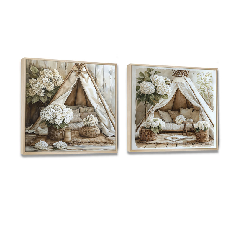 Boho hortensias dans un tipi Boho I - art mural hortensia - décoration murale traditionnelle 2 pièces, Cadre flottant