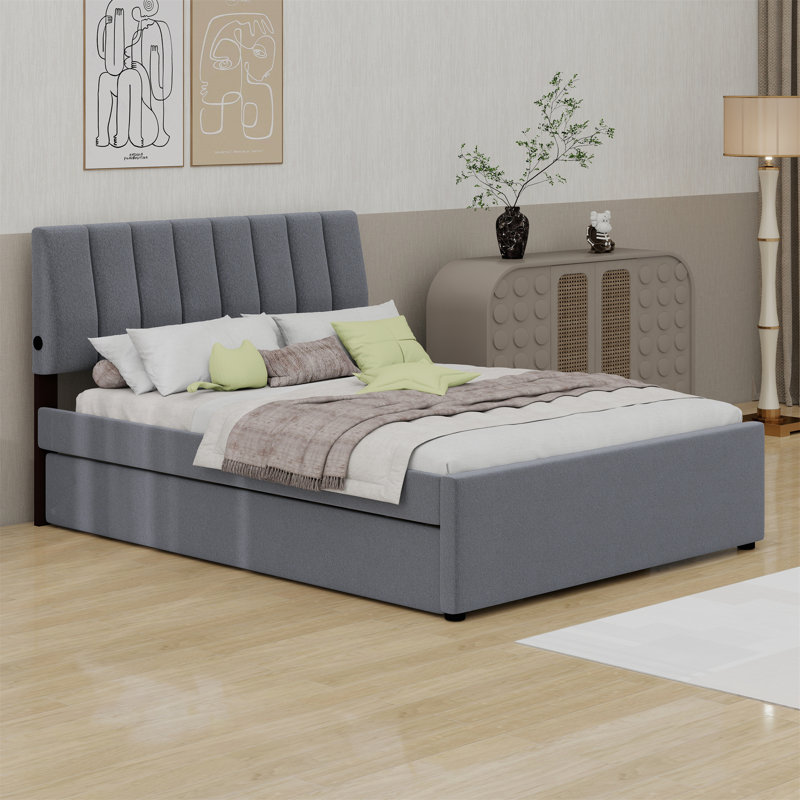 Upholstered Platform Bed With Trundle, Gray