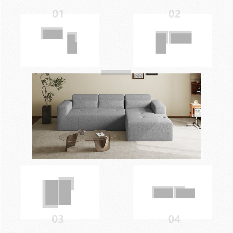 Boneless L-Shaped Sectional Sofa With Right Hand Facing Chaise And Lumbar Pillow For Enhanced Comfort, Gray Teddy