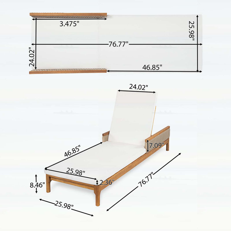 Chaise longue en bois d'acacia avec coussins beiges et osier gris clair, 76,8 po
