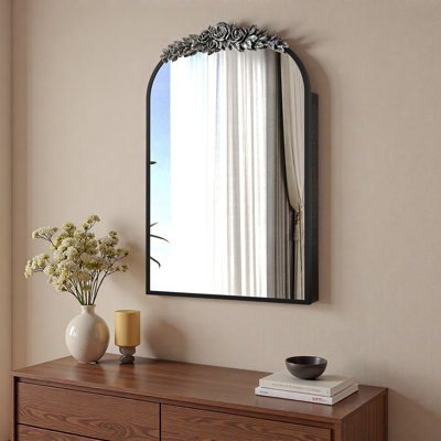 Vintage Medicine Cabinet Mirror with Storage, 24" x 36" Arch Bathroom Wall Mount Mirror Cabinet with Carved Top, Recessed & Surface Mount Bathroom Cabinet with Adjustable Shelf & Jewelry Hooks