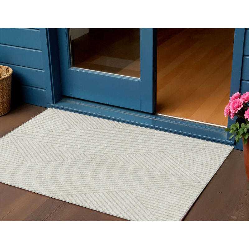 Tapis extérieur lavable à motif géométrique ivoire et beige pâle 3 pi x 5 pi
