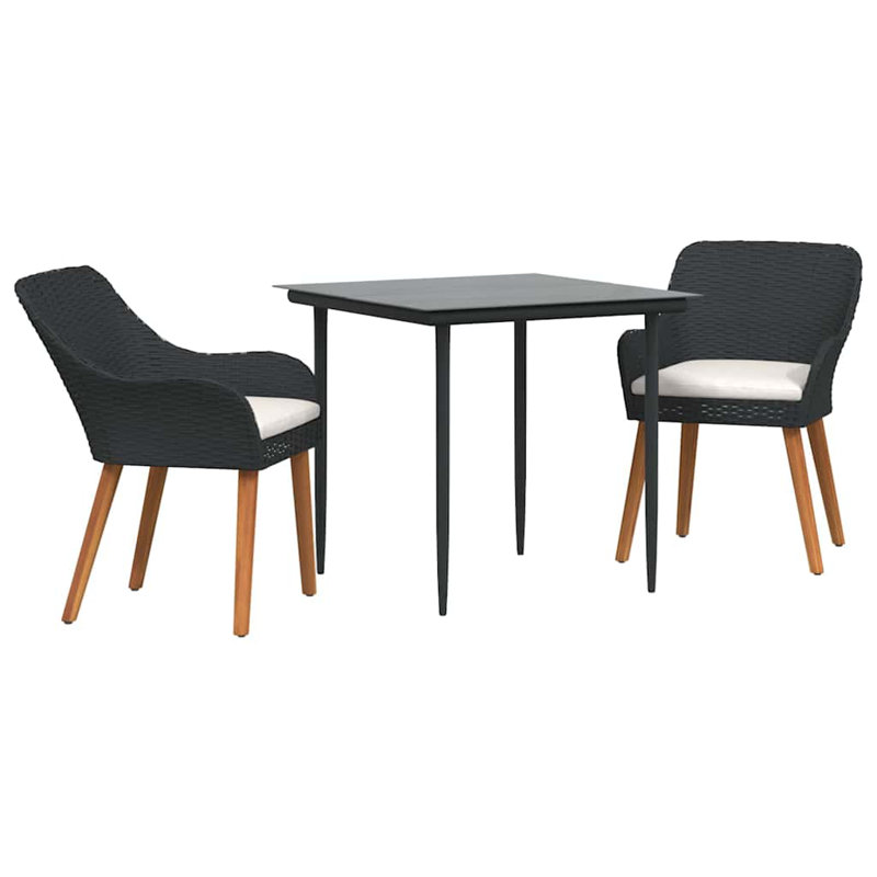vidaXL Garden Dining Set with Cushion 3 pcs Black Poly Rattan, Black/Cream, 2, 29.1" H x 31.5" W x 31.5" D