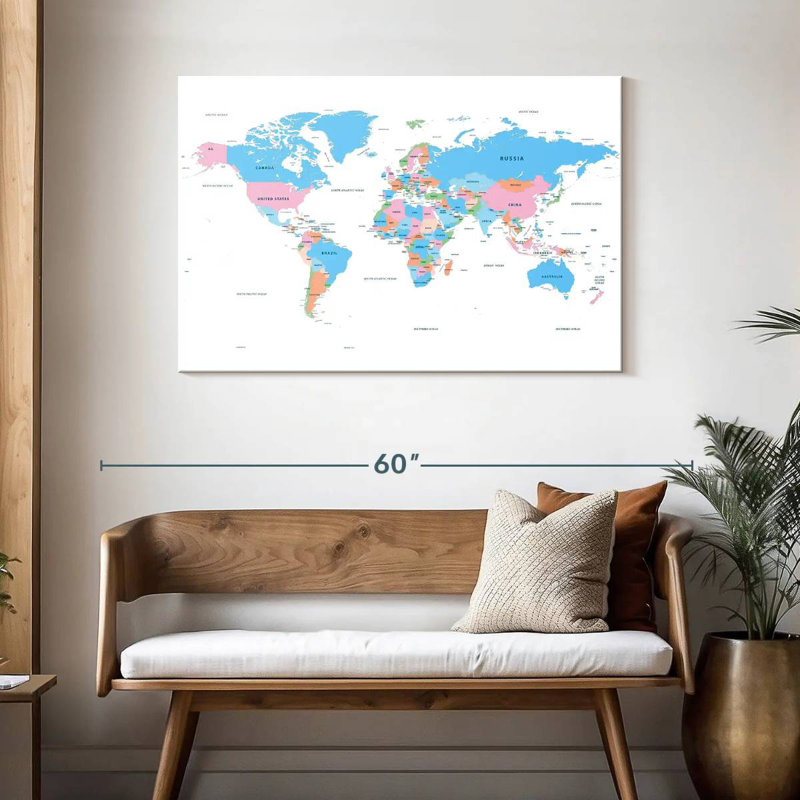 Carte du monde des pays pastel, H 30 po x l 45 po