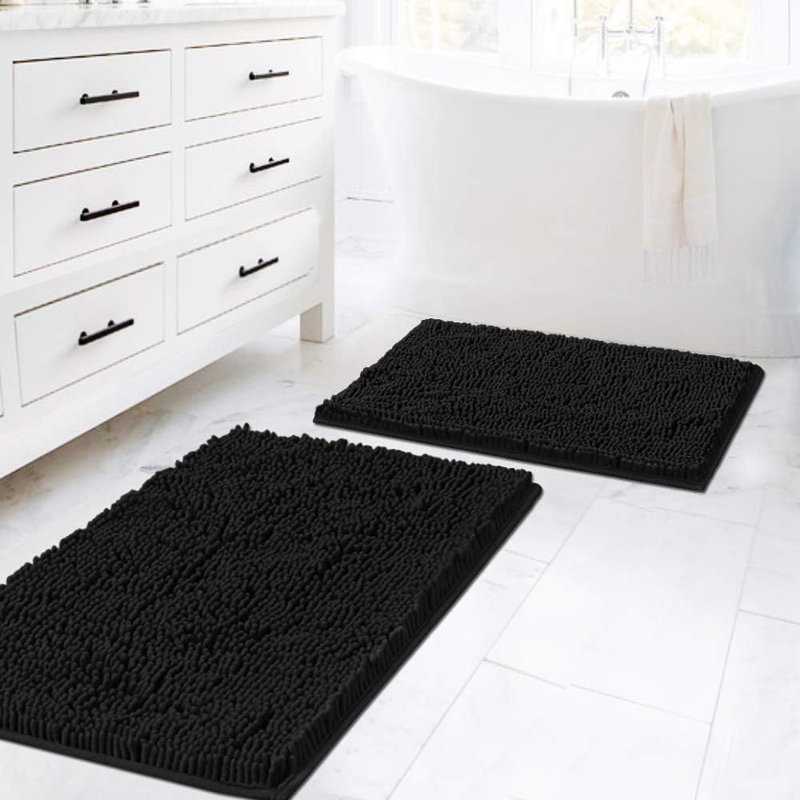 Yasmen Super Soft Absorbent Chenille Bath Rug Set with Non-Slip Backing, Black