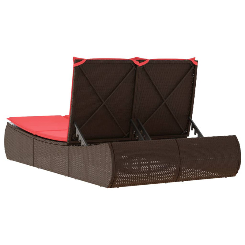  Double Sun Lounger With Cushions Brown Poly Rattan, Red Cushion/Brown Frame