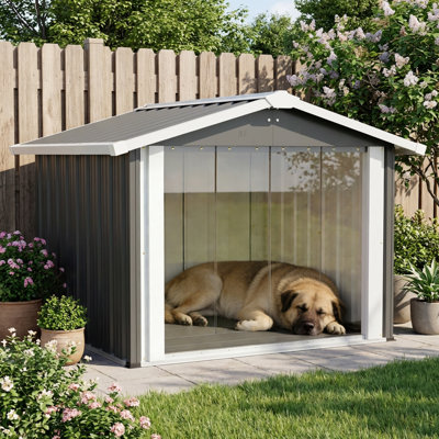 Large Metal Dog House, Weatherproof Outdoor Pet Shelter with PVC Door for Medium to Large Dogs, Black