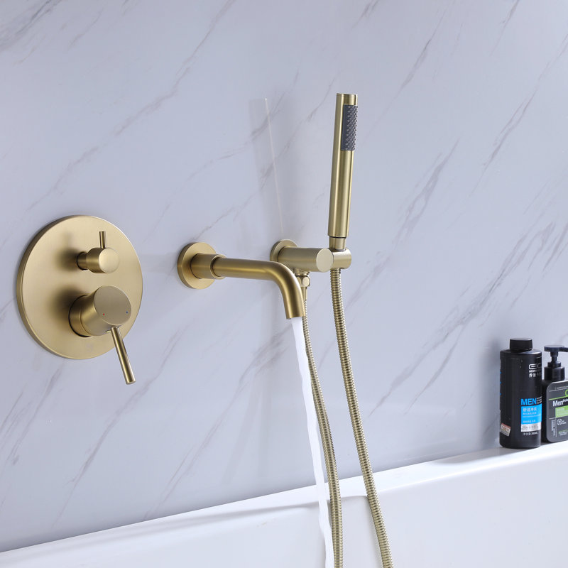 7.28" Wall Mounted Tub Filler, Solid Brass Bathroom Tub Faucet with Hand Shower, Brushed Gold