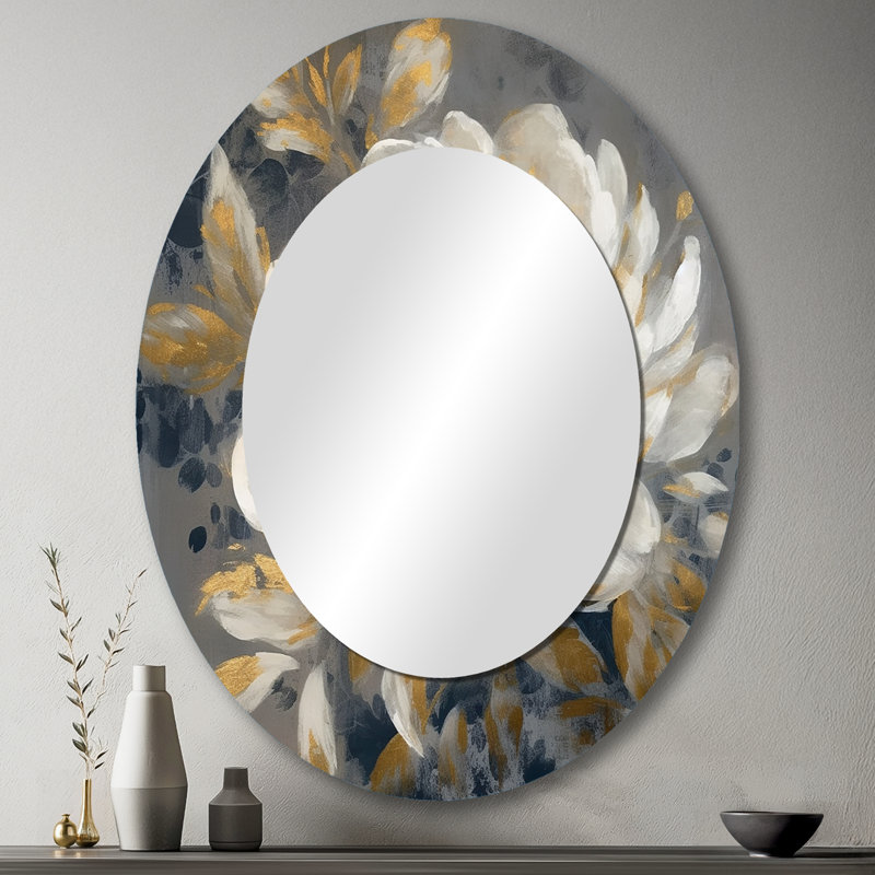 Emotions Of White Gold Peony Flower II - White Traditional Oval Wall Mirror, 43" x 33"