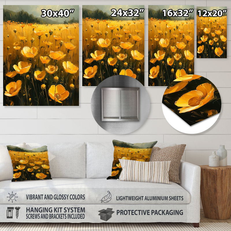Or jaune jaune vert Sunlit Meadow VI - Buttercups, art mural, Métal métal, H 40 po x l 30 po x P 1,5 po