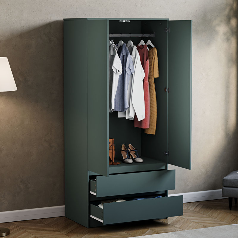 Cunha 2 Door MDF & Particleboard Wardrobe, Green