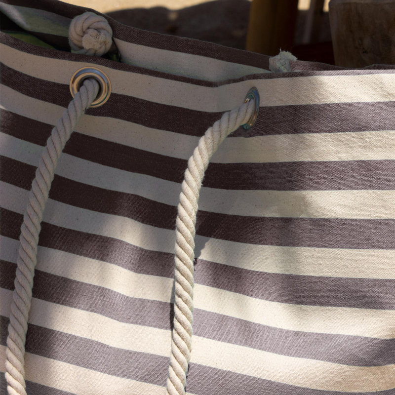 Large Striped Canvas Tote Beach Bag - 55cm x 36cm, Grey/Beige