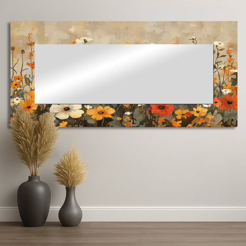 Brown Earth Roots Of Wildflowers I - Floral Accent Wall Mirror - Printed On Metal, 28" x 60"