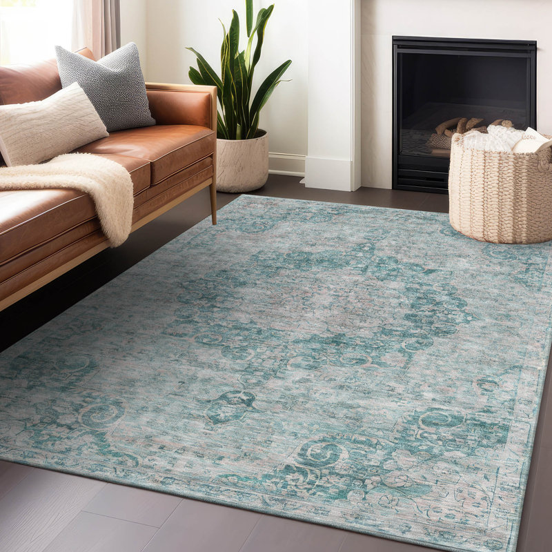 Machine Washable Indoor/Outdoor Claudian ACN1238 Teal Rug, Rectangle 2'6" x 3'10"